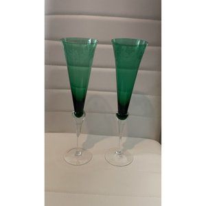 Lenox Holiday Gems Emerald Toasting Flutes  Champagne Glasses 11" Etched Holly